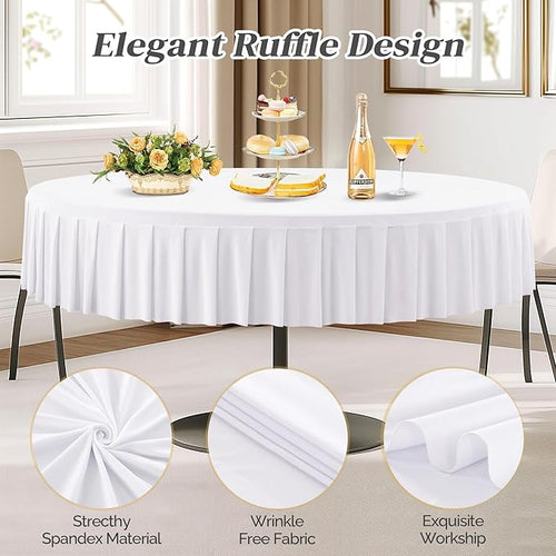 2 Pack White Spandex Round Tablecloths for 72in Tables, Stretchy Fitted 6FT Round Table Cloths, Wrinkle Free Table Cover with Skirt for Wedding Birthday Party Bridal Shower Banquet