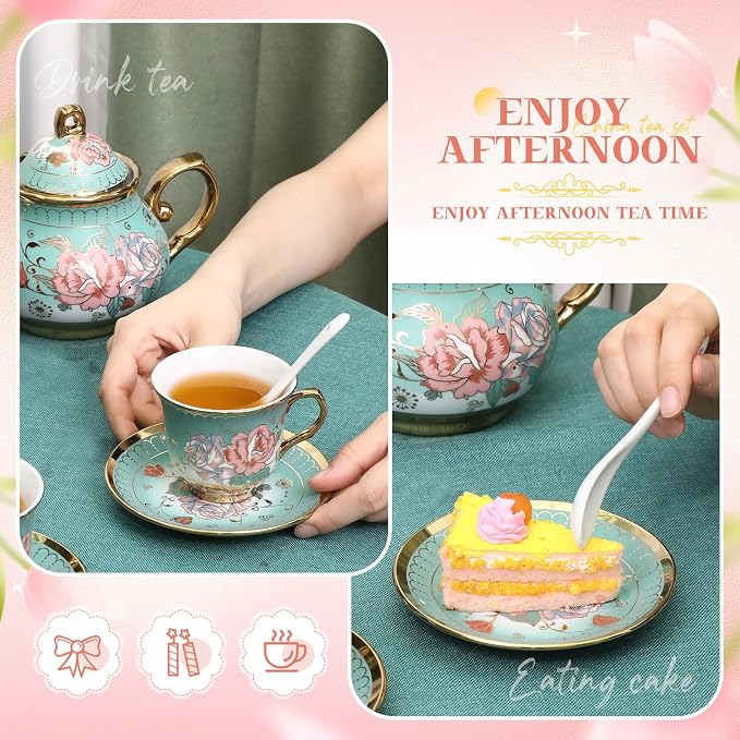 21 Pcs Ceramic Teapot Set Vintage Porcelain Tea Cups - Image 7