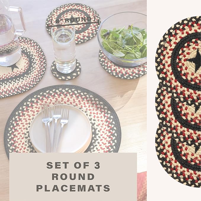 Homespice Primitive Star Gloucester Jute Braided Trivets for Table - Set of 3, Round 8", Black & Red - Rich Colors, Easy to Clean, Durable and Protects Furniture