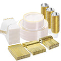 BESTVIP 350PCS Clear Gold Disposable Dinnerware Set for 50 Guests, Plastic Plates for Party, Wedding, Christmas, Include: 100 Plastic Plates, 50 Gold Silverware, 50 Cups, 50 Napkins