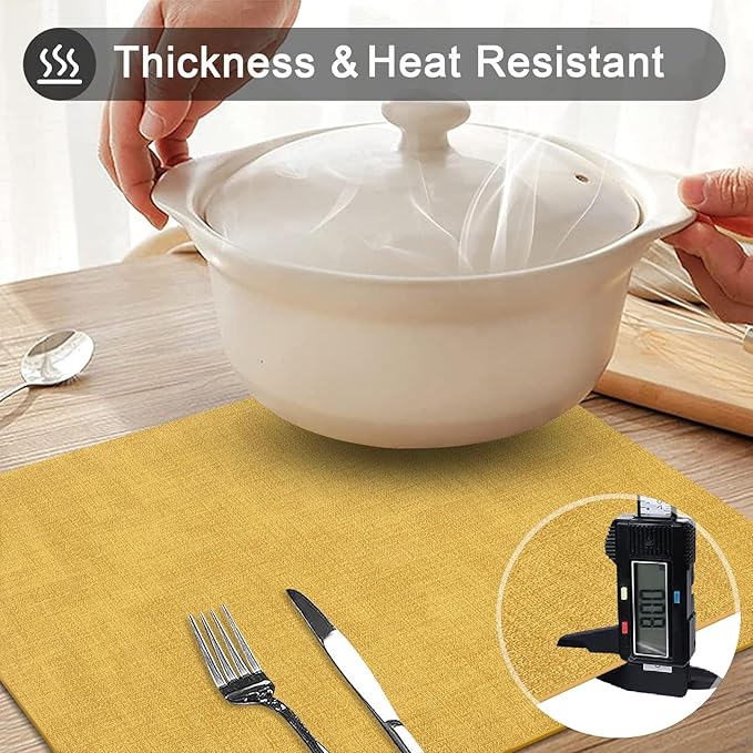 homing Faux Leather Heat Resistant Placemats 6 Packs, Waterproof Wipeable Dining PU Place Mats for Indoor & Outdoor, Easy to Clean, Yellow