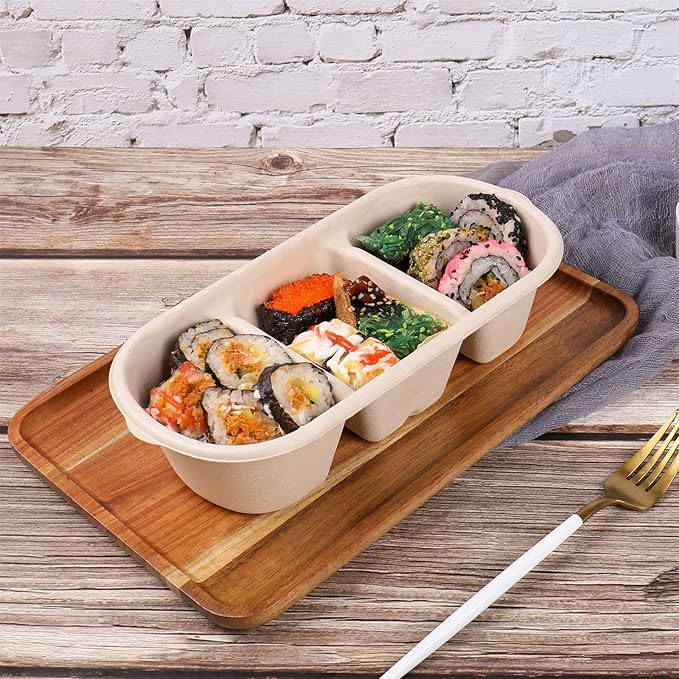 disposable paper 35 oz 3 compartments bowls with lids, Sugarcane Fiber Bowls For Snack, Dessert, Meal Prep 50 Pack
