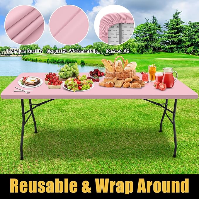Smiry Rectangle Picnic Table Cloth, Waterproof Elastic Fitted Tablecloths for 5 Foot Tables, Washable Polyester Table Cover for Camping, Valentine's Day and Outdoor (Pink, 30"x60")