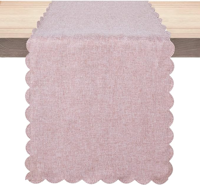 Pink Cotton Table Runner 13 x 90 in Long Farmhouse Scallop Style | Dresser by Winotic