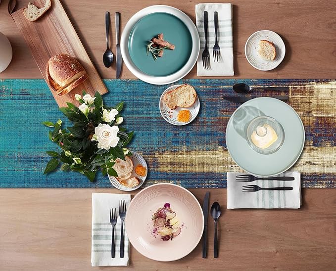 Emvency Table Runner, 13x72 Inch, Teal and Gold | Abstract Farmhouse Vintage - Image 5