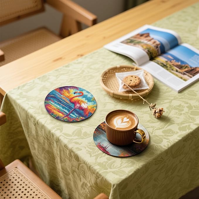 Flamingo Coasters Leather Round Drink Coasters 6 Pcs Set with Holderor for Cup Drink Coffee Table Bar Home Decor