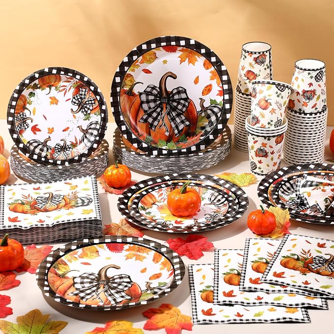 Funnymoom 250 Pcs Pumpkin Fall Paper Plates and Napkins Party Supplies Black - Image 4