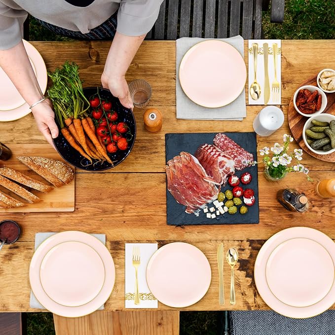 YOUBET 175PCS Pink Plastic Plates - Pink and Gold Disposable Plates Include 50 Plastic Plate, 75 Silverware, 25 Cups, 25 Napkins for Wedding & Party & Birthday Valentines Day