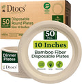 Dtocs Bamboo Fiber Plates 10 Inch Round (50 Pcs) | Bamboo Plate Disposable Dinnerware Set for Party, Dinner, BBQs, Wedding | Sustainable Platter for Hot, Cold Food | Alt to Plastic, Wood, Paper Plates