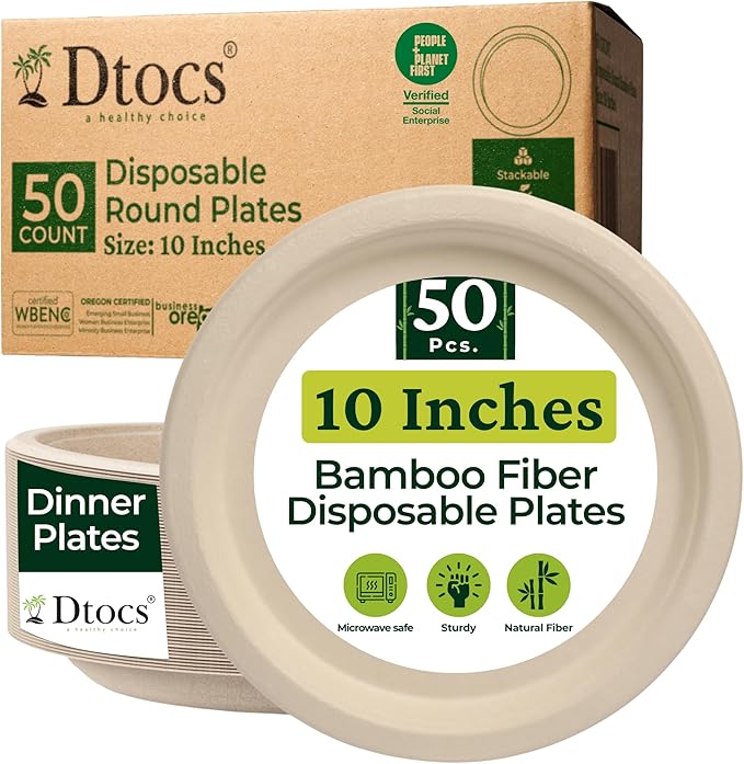 Dtocs Bamboo Fiber Plates 10 Inch Round (50 Pcs) | Bamboo Plate Disposable Dinnerware Set for Party, Dinner, BBQs, Wedding | Sustainable Platter for Hot, Cold Food | Alt to Plastic, Wood, Paper Plates