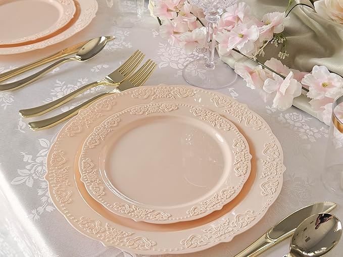 " OCCASIONS " 240 Plates Pack,(120 Guests) Vintage Wedding Party Disposable Plastic Plates Set-120x10.25'' Dinner +120x7.5'' Salad/Dessert Plate (Portofino in Blush/Antique Rose)