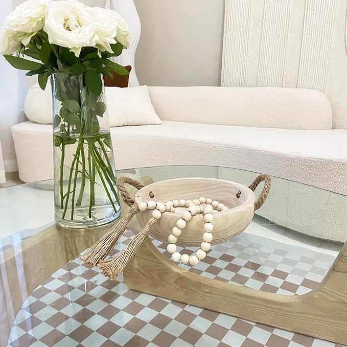 OMISHE Paulownia Wood Bowl, Decorative Bowl for Home Decor, Natural Handmade Dough Wooden Bowl, Rustic Round Serving Bowl with Rope Handle and Wood Bead Garland for Tabletop Centerpiece Decor