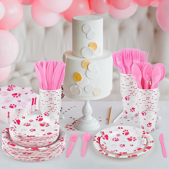 Kochorie 400 Pieces Pink Paw Disposable Party Tableware Sets Dog Puppy Supplies Including Plates Cups Napkins Cutlery Serves 50 for Birthday Puppy Theme Party Decorations