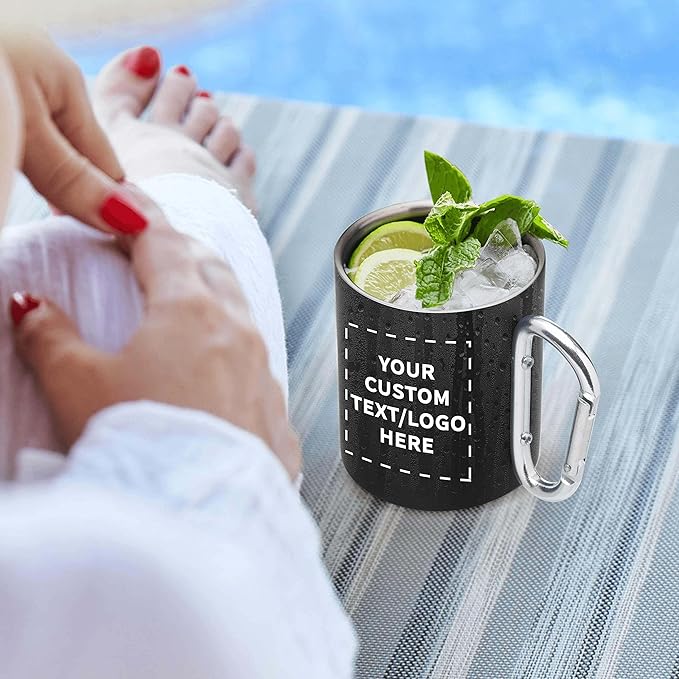 Custom Stainless Steel Mugs with Carabiner Handle 10 oz. Set of 50, Personalized Bulk Pack - Perfect for Coffee, Soda, Other Hot & Cold Beverages - Black