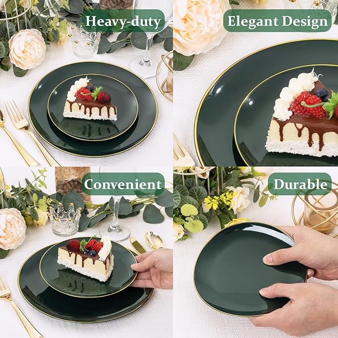 WDF 300Pcs Green Plates Disposable - Heavy Duty Green Plates - 50Guest Green Plastic Dinnerware Include 50 Dinner Plate, 50 Dessert Plate, 150 Cutlery & 50 9oz Cups for Parties St. Patrick’s Day