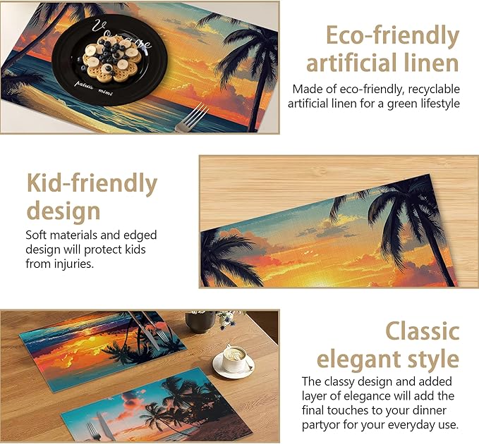 Sunset Trees Sea Beach Placemats, Tropical Palm Placemats 12x18 Inch Waterproof Non-Slip Washable Table Mats for Kitchen Dining Party Table Decor,Set of 6