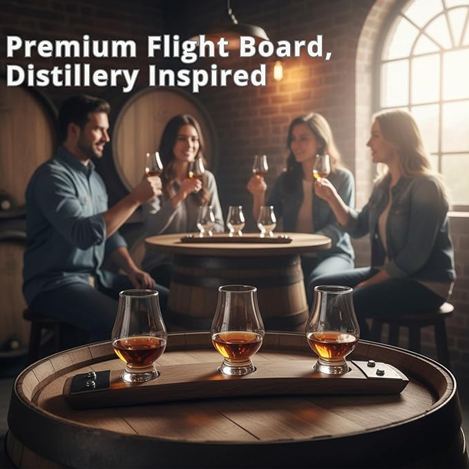 Barrel Stave Premium 3 Glass Whiskey, Bourbon, Scotch Flight Serving Tray, (No Glasses,Dark Walnut)