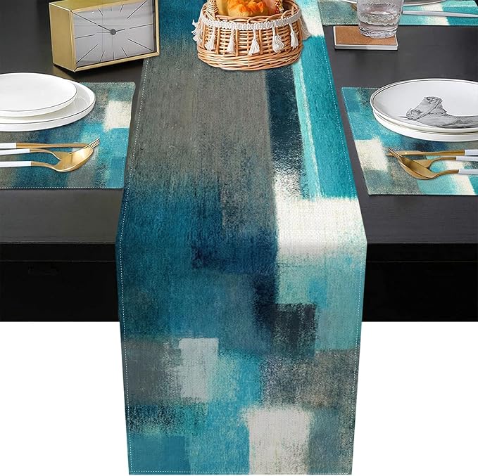 Emvency Table Runner and Placemats Set of 6, Farmhouse Abstract Teal | Grey - Image 3