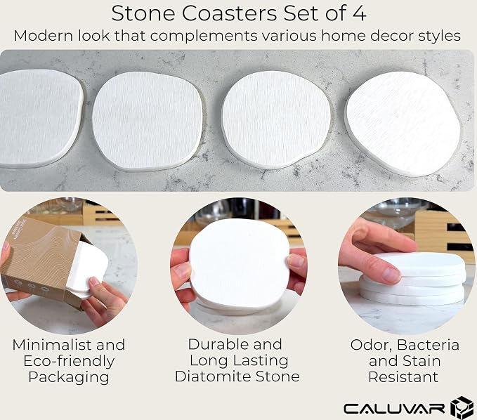 Stone Coasters Set of 4 White Sandstone, Water Absorbing Diatomaceous Earth - Image 4