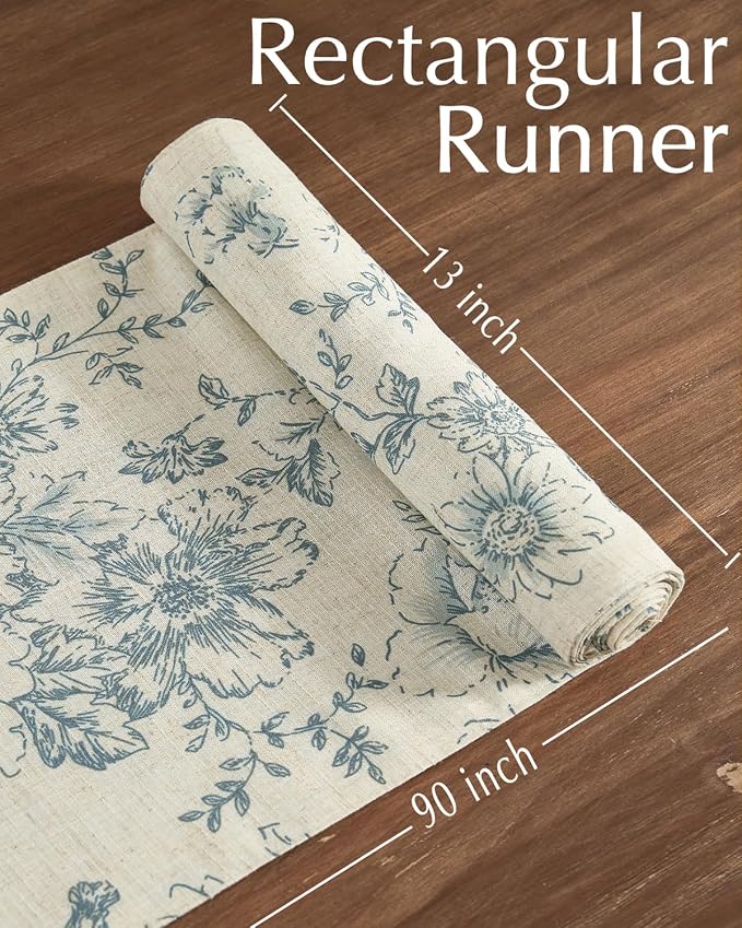 jinchan Blue Floral Linen Table Runner 13 x 90 Inch Farmhouse | Decorative - Image 5