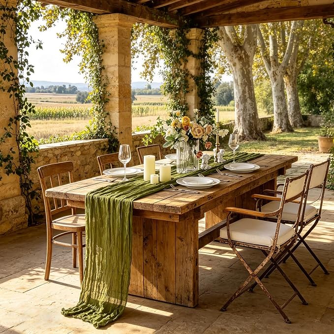 Moss Green Cheesecloth Table Runner 35x120 Inch 10FT Long Rustic Boho Olive - Image 3