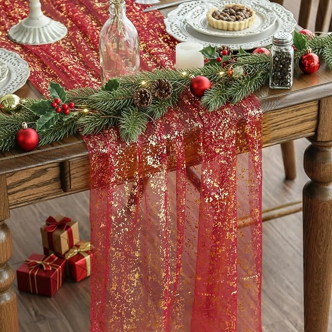 Artoid Mode Red Gold Gauze Table Runner 120 Inch 10Pcs, Glitter Metallic Foil Sheer Dining Wedding Anniversary Holiday Table Decor for Home Party