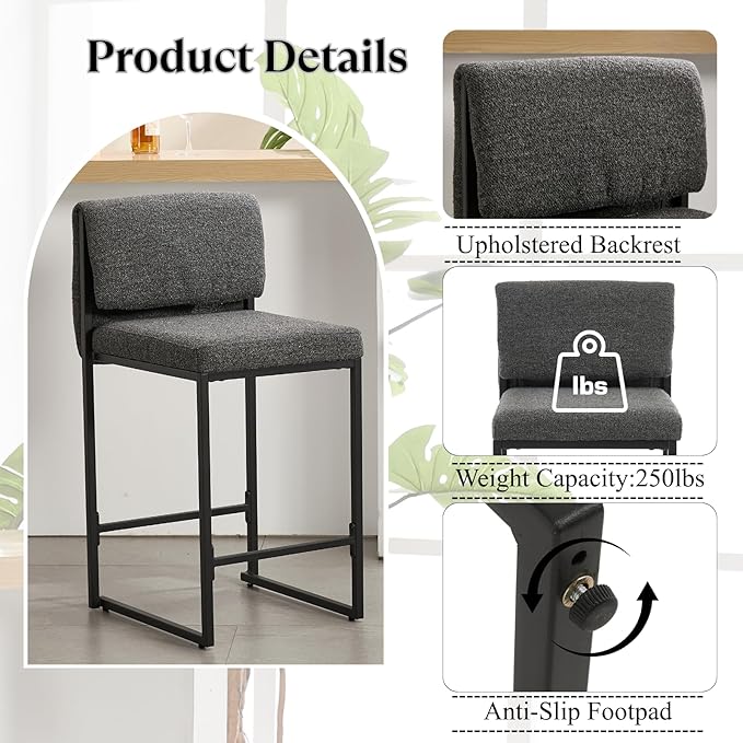 Modern Barstools Set of 2, 26” Upholstered Counter Height Bar Stools Sherpa Fabric Counter Stools with Padded Back Metal Frame for Kitchen Island Dining Room, Black