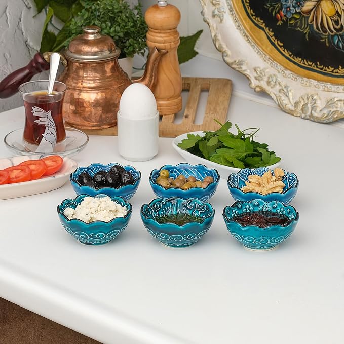 BCS Ceramic Pinch Bowls Set of 6, Small Bowls for Dipping - Cooking Prep & Charcuterie Board Bowls, Soy Sauce Dish, Turquoise Handmade Decorative Serving Dishes (3.2'' - 3 oz)