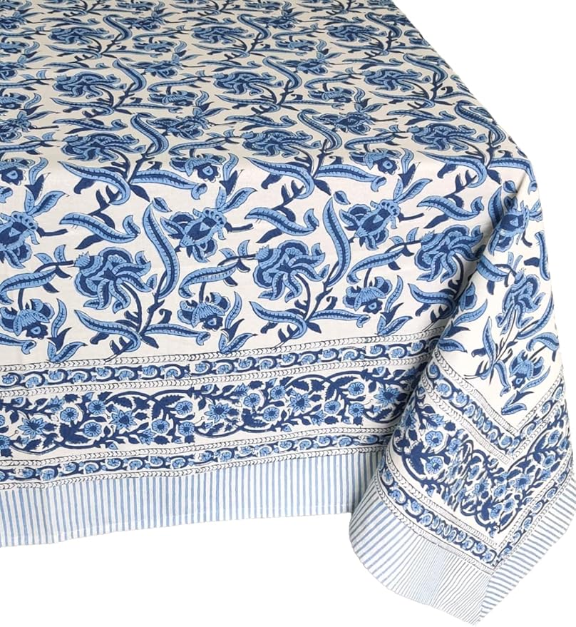 ATOSII Midnight Bloom 100% Cotton Spring Summer Tablecloth, Hand Block Print Rectangle Table Cover for Kitchen Dining Linen I Parties, Outdoors, Wedding, Easter I 72 X 120 Inches I 10 Seater