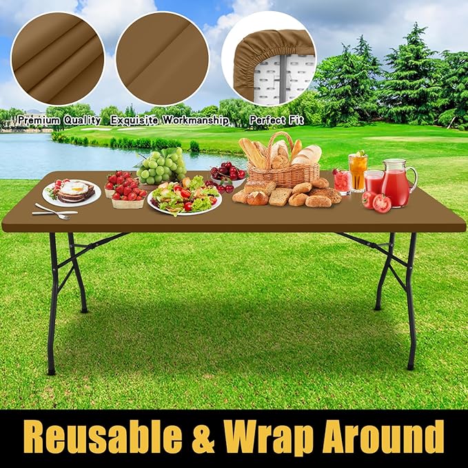Smiry Rectangle Picnic Table Cloth, Waterproof Elastic Fitted Tablecloths for 8 Foot Tables, Washable Polyester Table Cover for Camping, Indoor and Outdoor (Brown, 30"x96")