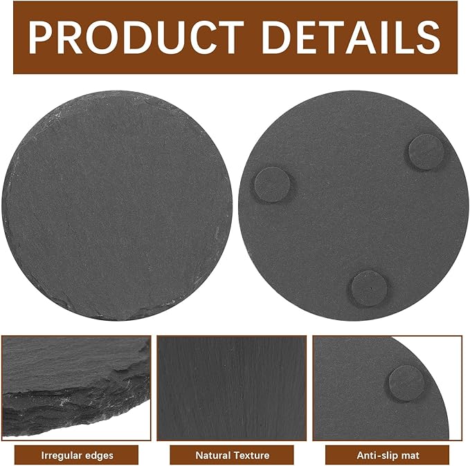 48 PCS Black Natural Slate Coasters Bulk Set 4 Inch Laser Engraving Blanks with Anti Scratch Bottoms for Home, Office, Bar, Gifts Round