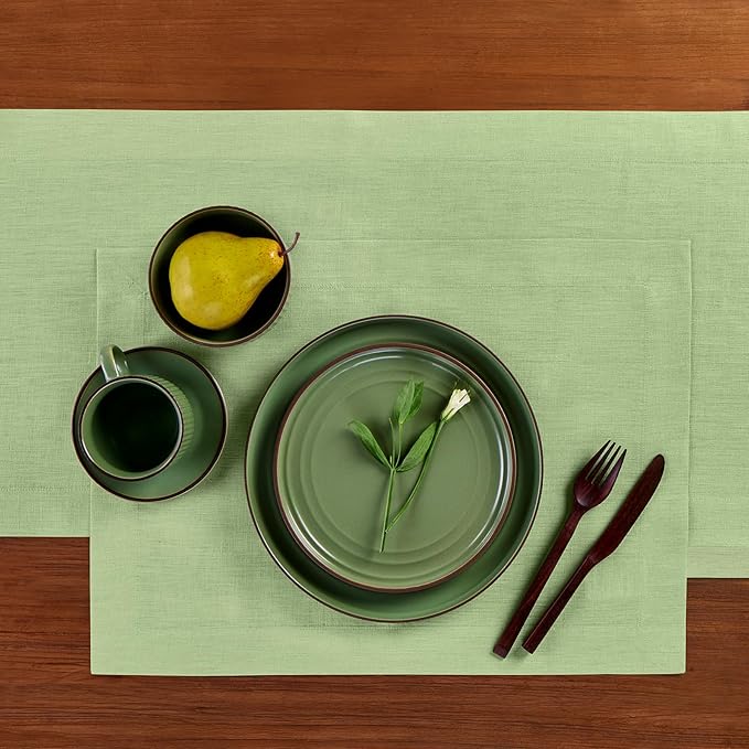 Solino Home Linen Placemats Set of 4 - Laurel Green Placemats 14 x 19 Inch - 100% Pure Linen Table Place Mats for Spring, Easter, St Patricks Day - Fete