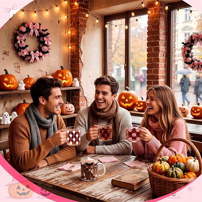 Tioncy 4 Pcs Halloween Coffee Mugs 12 oz Pink Pumpkin Glass Cups - Image 6