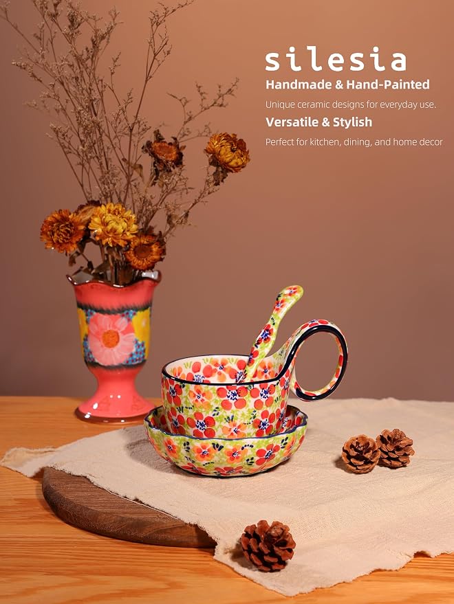 silesia Handmade Loop Handle Soup Bowl, Plate and Spoon Set Ceramic Hand - Image 5