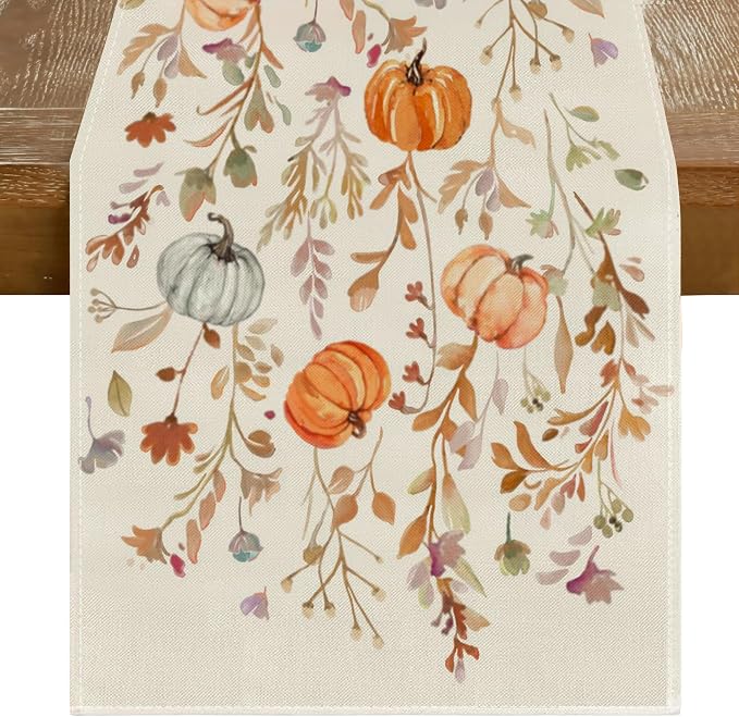 RABUSOFA Orange Pumpkins Floral Fall Table Runner, Seasonal Autumn Kitchen by RABUSOFA