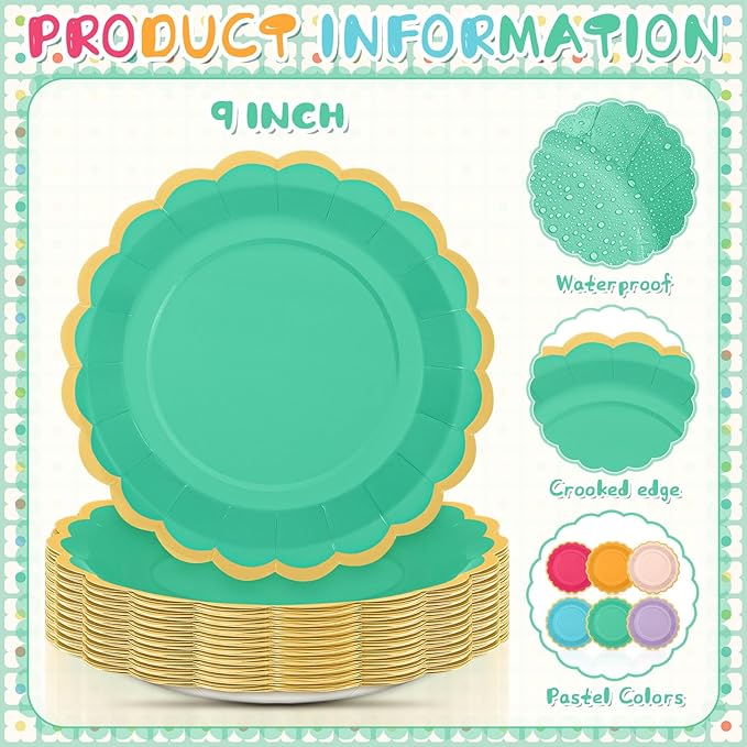 96 Pcs Candy Rainbow Paper Plates 9 Inch Pastel Scalloped Disposable Colorful Dinner Dessert Plates for Birthday Wedding Bridal Carnival Tea Party Supplies, 6 Colors