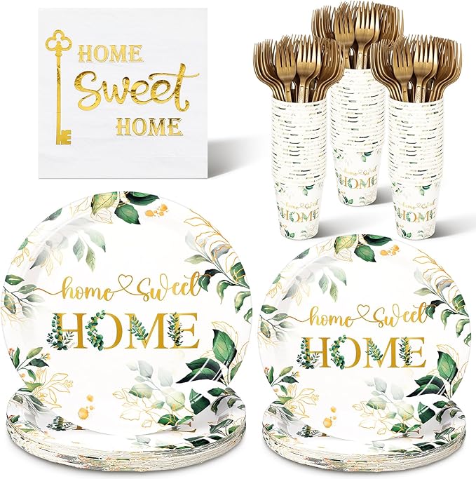 Zubebe 120 Pcs Housewarming Party Tableware Home Sweet Home Plates and Napkins Disposable Sets Rustic Leaves Floral House Warming for New House Wedding Party Supplies Serve 24 Guests(Classic Style)