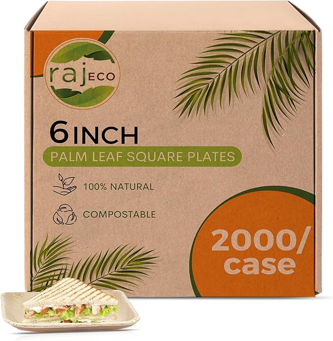 Raj Palm Leaf Plates Bulk [50-Pack] 6" Square Plates(40 CASES - 2000 PACK) like Bamboo plates Disposable, Strong, Decorative Compostable Tableware for weddings, Lunch, Dinner, Birthday,Outdoor