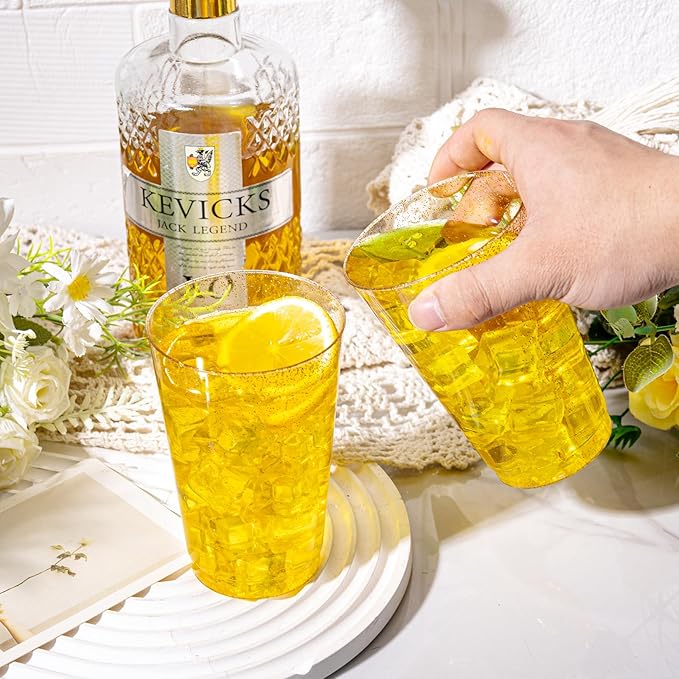 I00000 100 Pack 14 oz Gold Plastic Cups, Disposable Tumblers Gold Glitter Plastic Cups, Disposable Wine Glasses Cocktail Glasses Perfect for Wedding, Mother's Day & Party