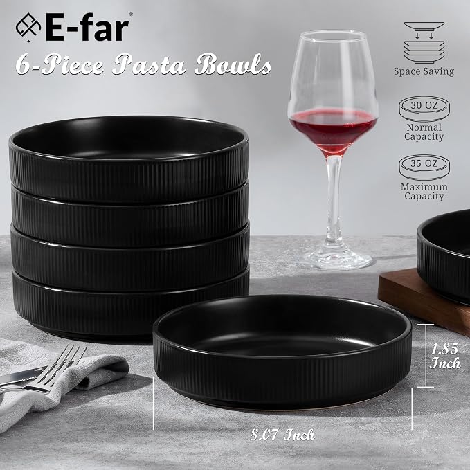 E-far Pasta Bowls Set of 6, 35oz Large Salad Bowl Plate - Image 2