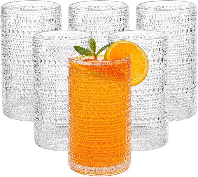 Large Vintage Hobnail Drinking Glasses Set of 6, 16oz Clear Highball Glasses by HEFBCOMK