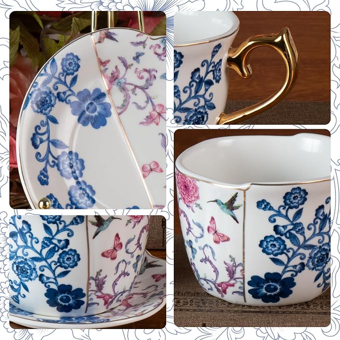 KAMMAK Tea Cups and Saucers Set of 2, 8 oz Porcelain Coffee Cups, YX018 | - Image 7