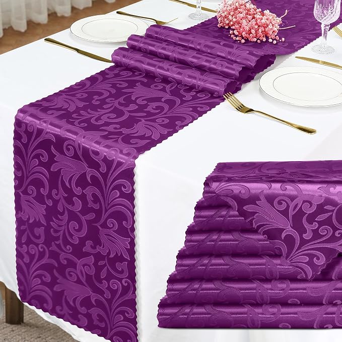 Purple Satin Table Runner 12 x 108 Inch, 6 Pack | Bright Smooth Damask by Eychei
