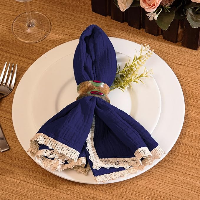 Fingercraft Dinner Cloth Napkin Cotton Muslin Double Gauze 4 Pack with Classic Lace for Everyday Use, Wedding, Party, Christmas, Easter Napkins Cloth are Pre Shrunk and Good Absorbency Navy