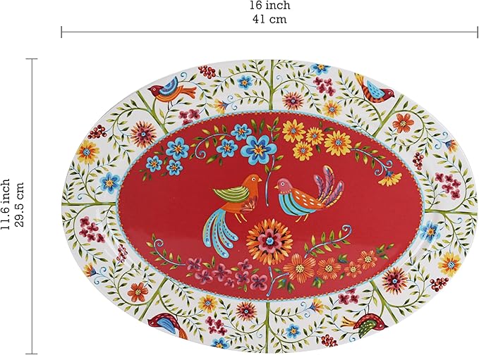 Bico Red Spring Bird 16 plus 14 inch Oval Platters Set, Set of 2, Microwave and Dishwasher Safe, for Serving Fish, Chicken, Turkey