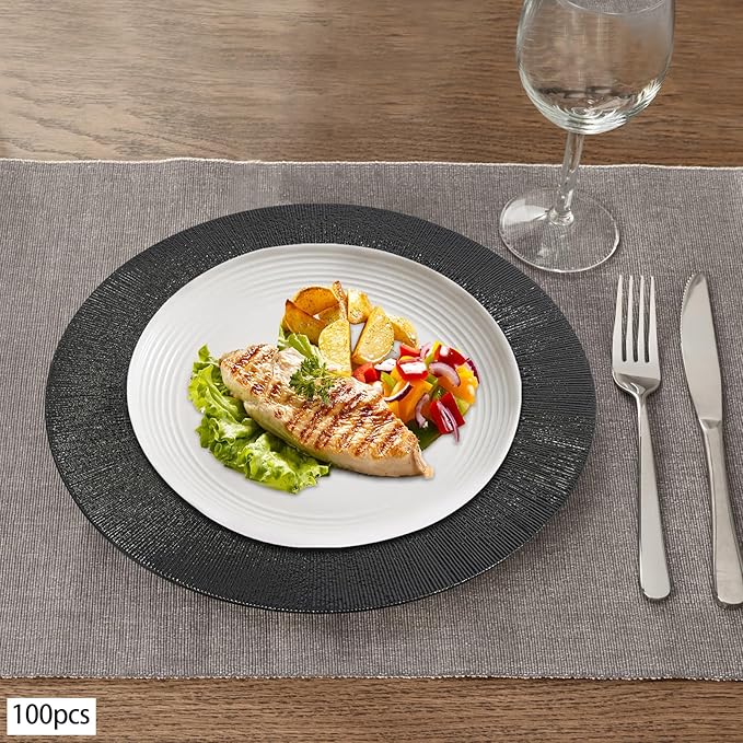 Charger Plates, 100pcs Black 13inch Plastic Dinner Plate, Round Plastic Dinner Plate with Delicate Texture for Parties Wedding (Black)