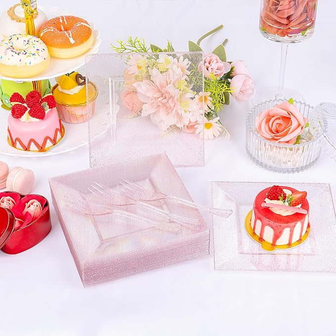 DaYammi 100Pcs Pink Dessert Plates with Forks Including 50Pcs Appetizer Plates,50Pcs Plastic Forks,Glitter Square Plate pink Disposable plates for Wedding,Plastic Cake Plate for Valentine's Day Party