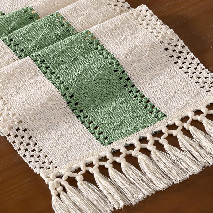 DeZerlor Ivory&Sage Green Boho Macrame Farmhouse Woven Table Runner 108In | - Image 2