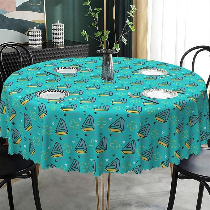 Laeacco 60 Inch Geometric Round Tablecloth Turquoise Triangle Pattern Modern Abstract Art Print Table Cloth Washable Waterproof Wrinkle Free Table Cover for Kitchen Dining Picnic Party Decoration