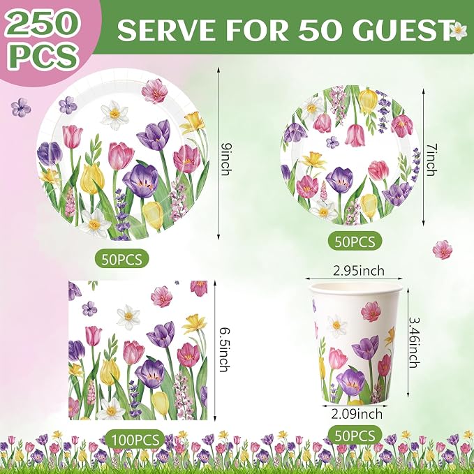 Funnymoom 250 Pcs Tulip Floral Paper Plates and Napkins Spring Party Supplies - Image 3